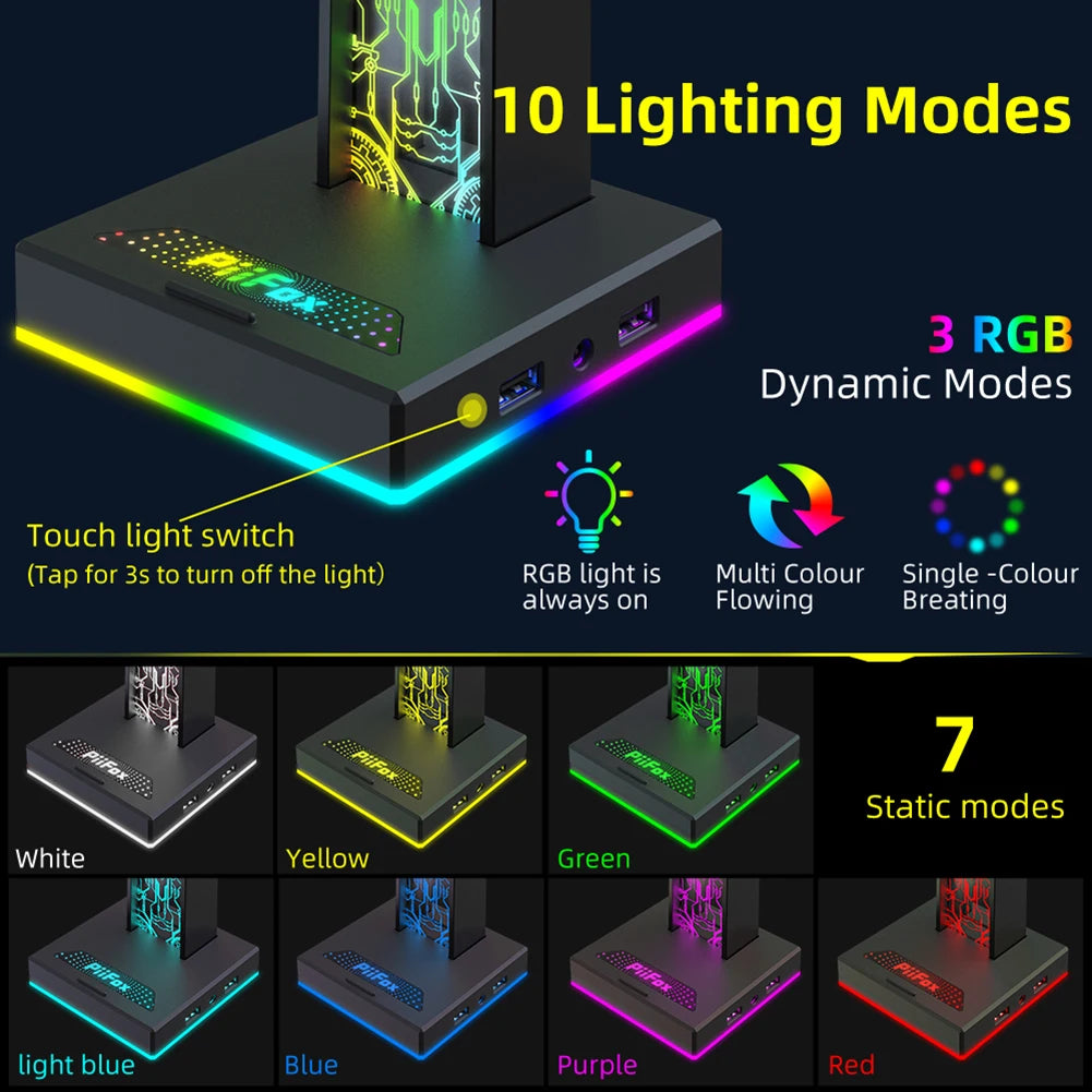 RGB Gaming Headphone Stand with USB & Audio Port