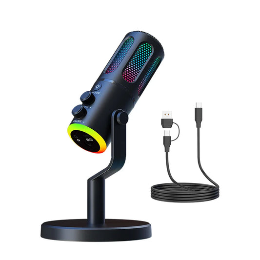USB Gaming Microphone with RGB, Reverb & One-Click Mute