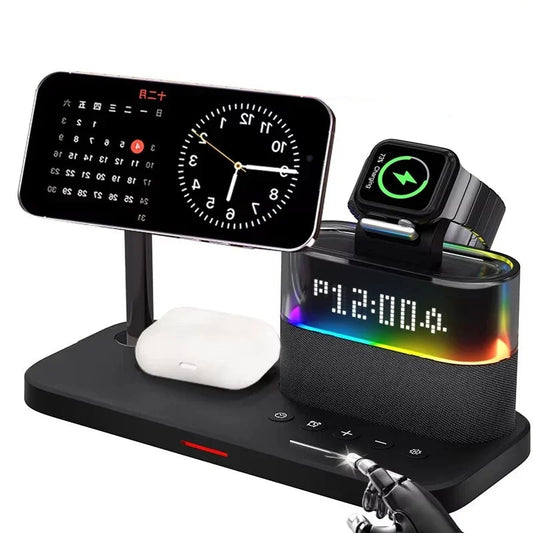 5-in-1 Magnetic Wireless Charger Stand with Alarm Clock for Samsung, iPhone, iWatch, and AirPods